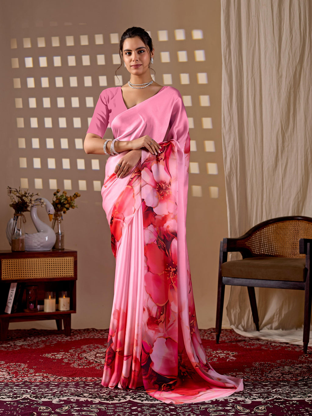 Aastha Fashion Pink Soft Satin Georgette Printed Saree | Grocsy