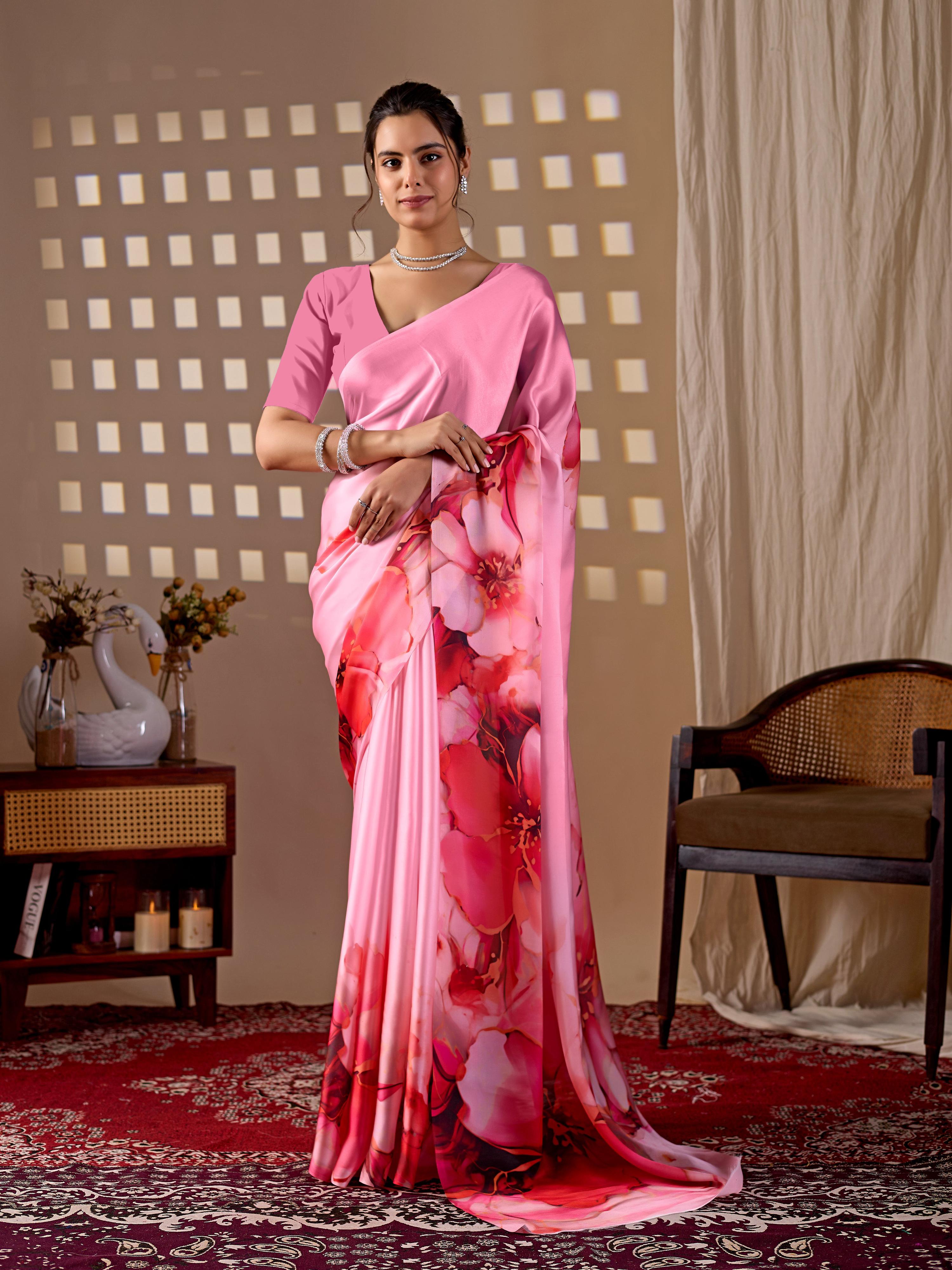 Aastha Fashion Pink Soft Satin Georgette Printed Saree | Grocsy