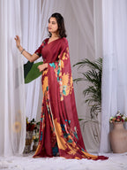 Aastha Fashion Maroon Soft Satin Georgette Printed Saree | Grocsy