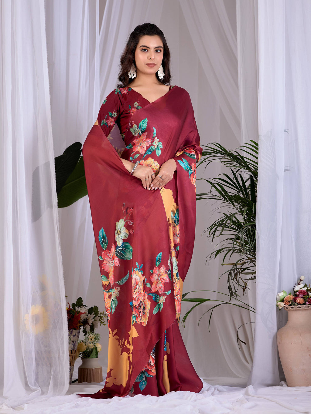 Aastha Fashion Maroon Soft Satin Georgette Printed Saree | Grocsy