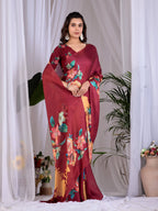 Aastha Fashion Maroon Soft Satin Georgette Printed Saree | Grocsy