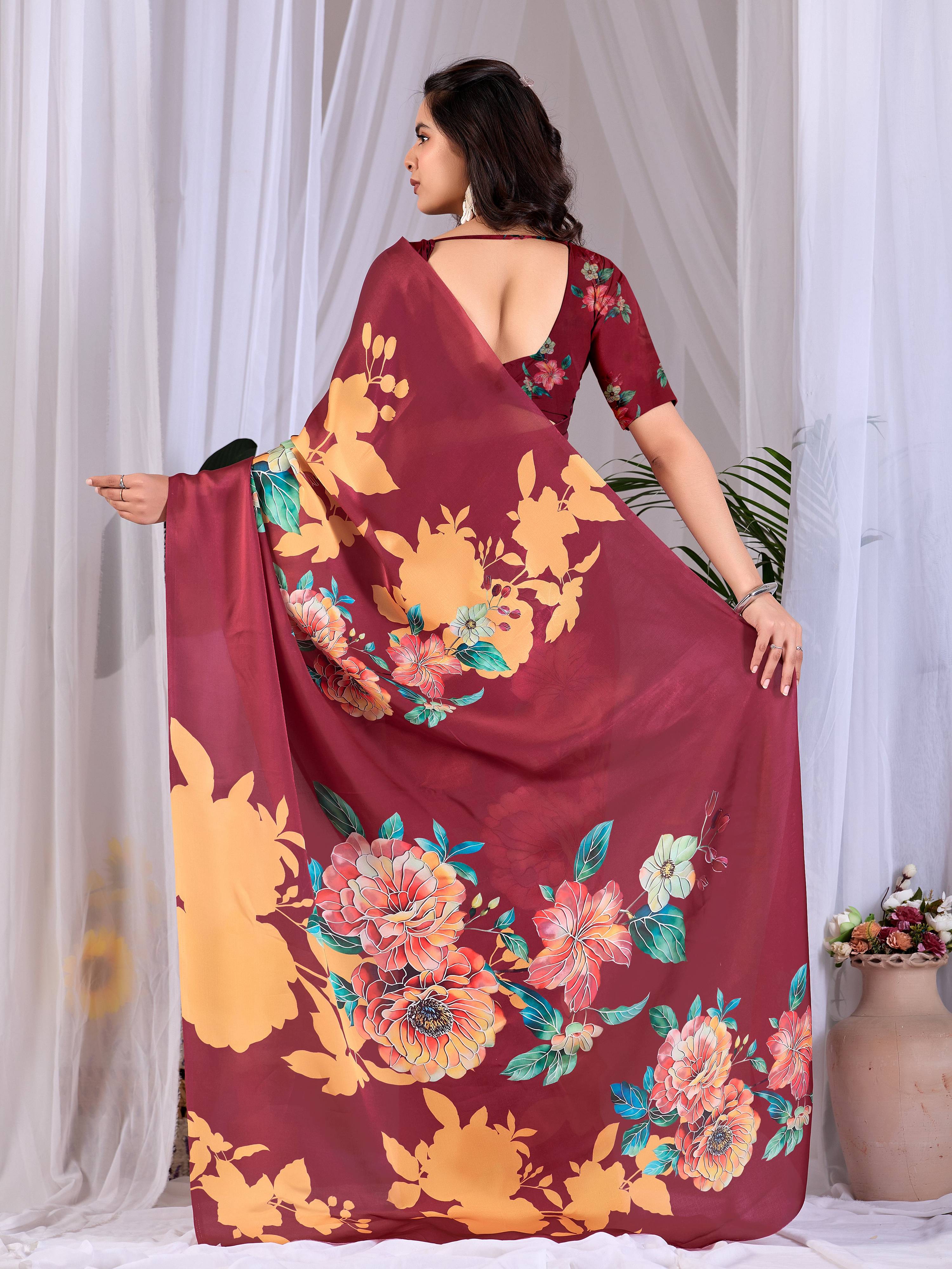 Aastha Fashion Maroon Soft Satin Georgette Printed Saree | Grocsy