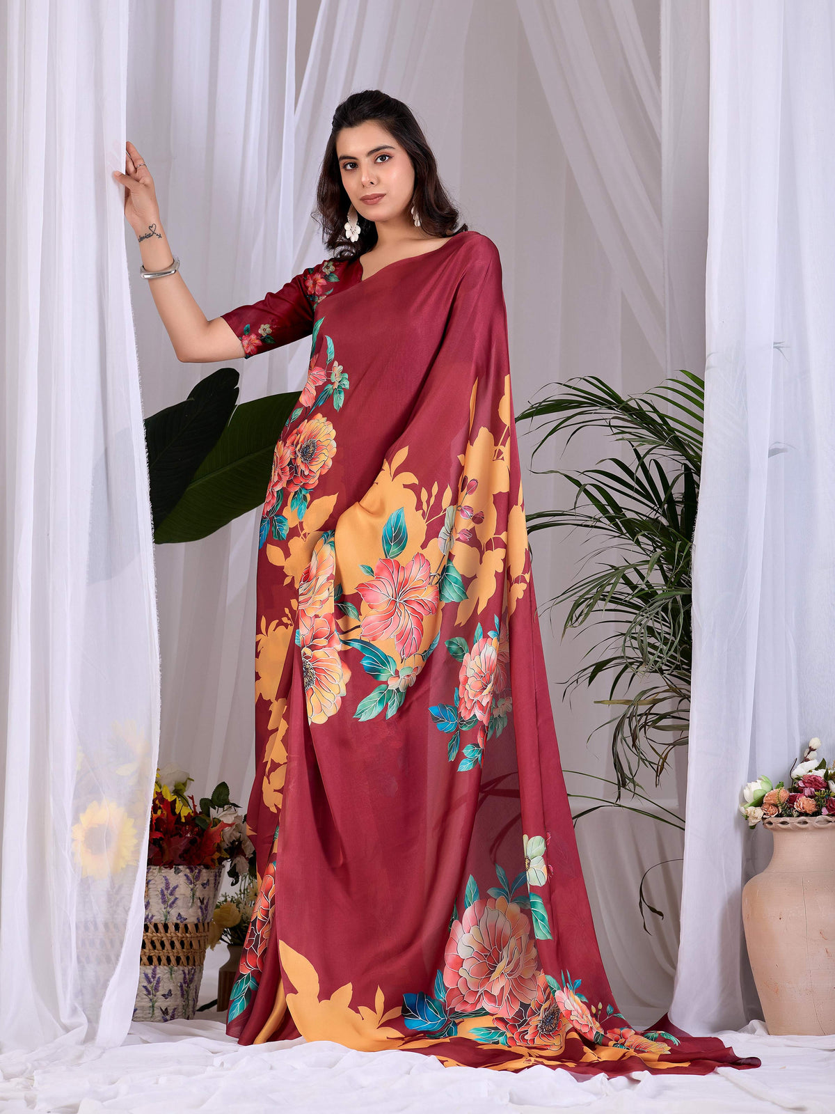 Aastha Fashion Maroon Soft Satin Georgette Printed Saree | Grocsy