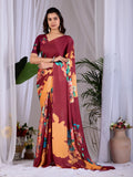 Aastha Fashion Maroon Soft Satin Georgette Printed Saree | Grocsy