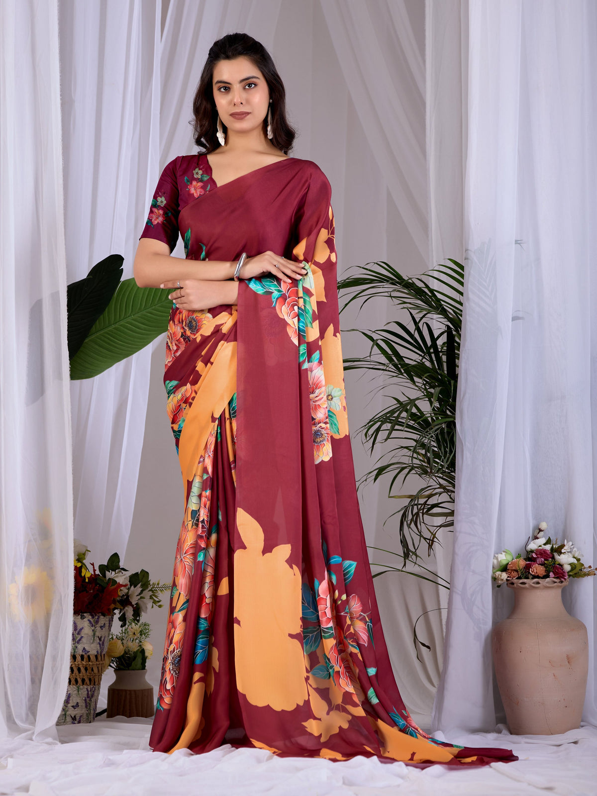 Aastha Fashion Maroon Soft Satin Georgette Printed Saree | Grocsy