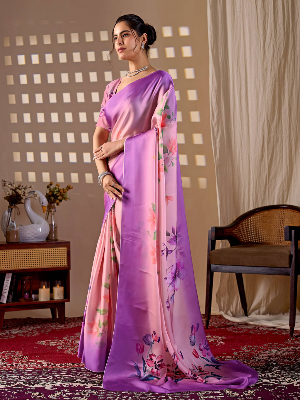 Aastha Fashion Purple Soft Satin Georgette Printed Saree | Grocsy