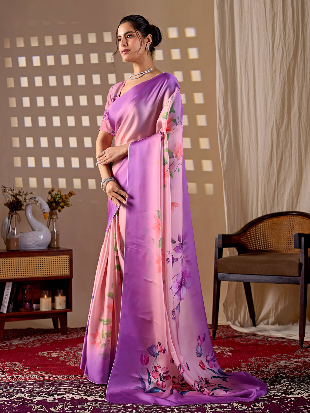 Aastha Fashion Purple Soft Satin Georgette Printed Saree | Grocsy
