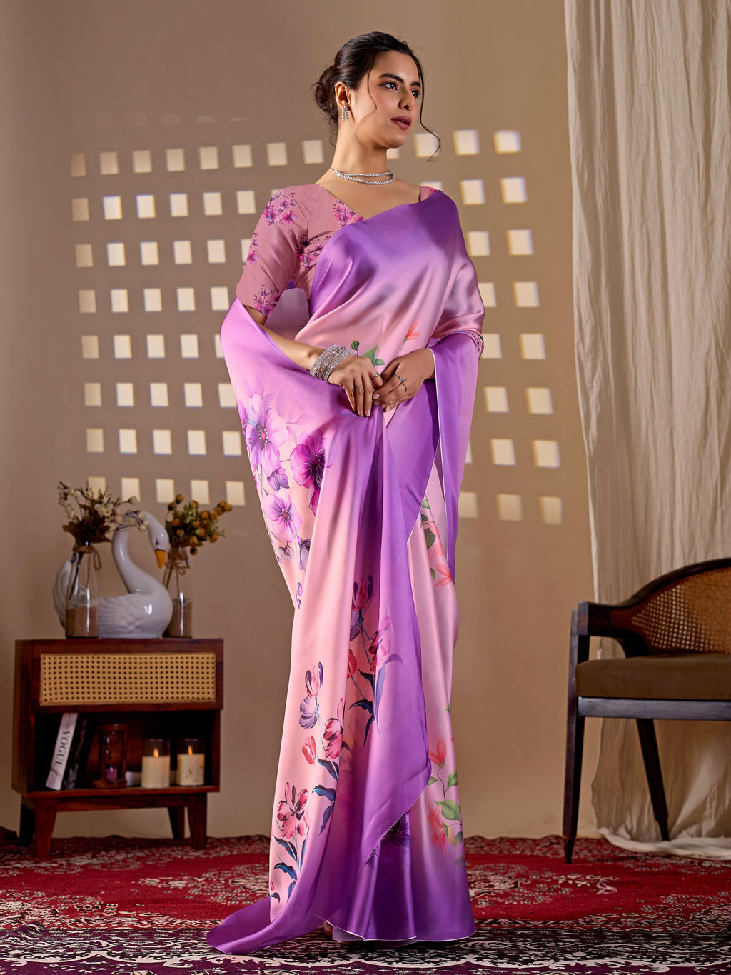 Aastha Fashion Purple Soft Satin Georgette Printed Saree | Grocsy