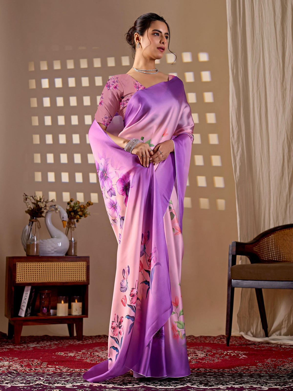 Aastha Fashion Purple Soft Satin Georgette Printed Saree | Grocsy