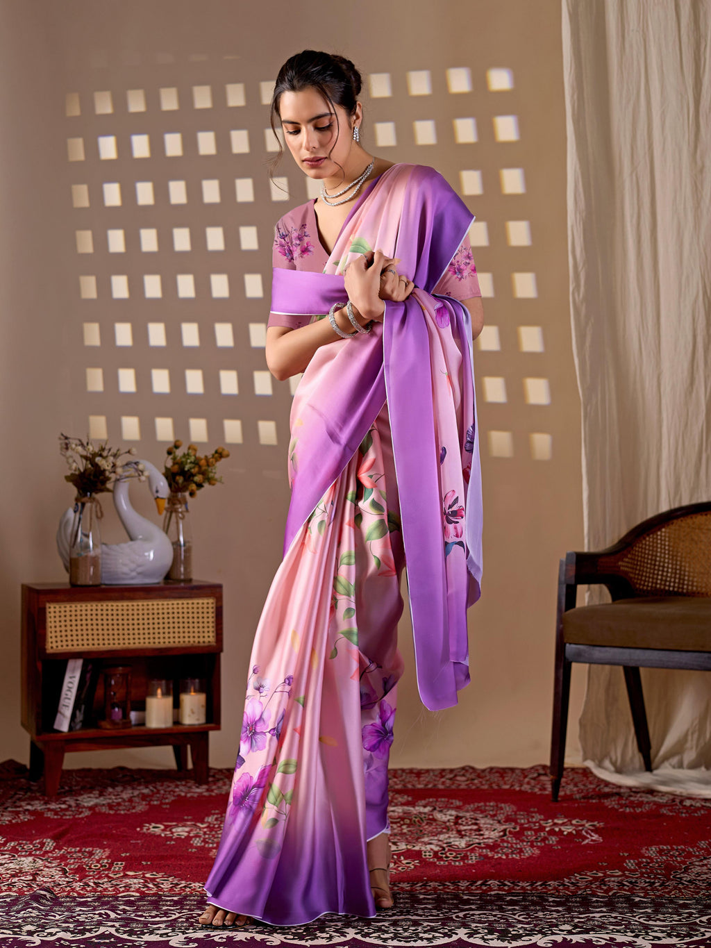 Aastha Fashion Purple Soft Satin Georgette Printed Saree | Grocsy