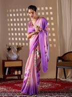 Aastha Fashion Purple Soft Satin Georgette Printed Saree | Grocsy