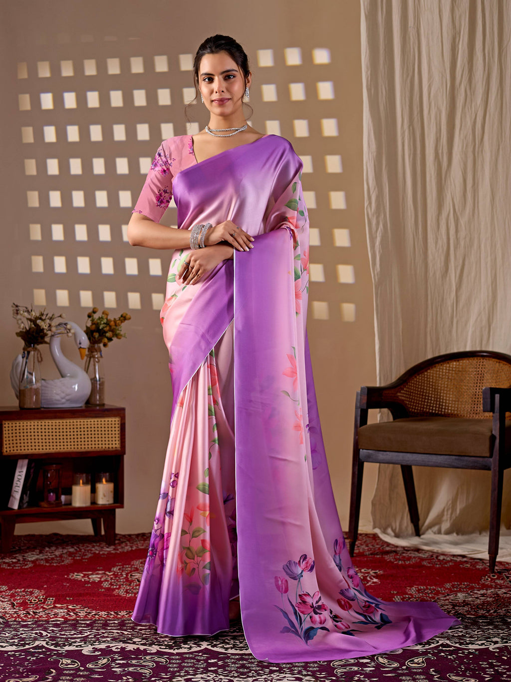 Aastha Fashion Purple Soft Satin Georgette Printed Saree | Grocsy