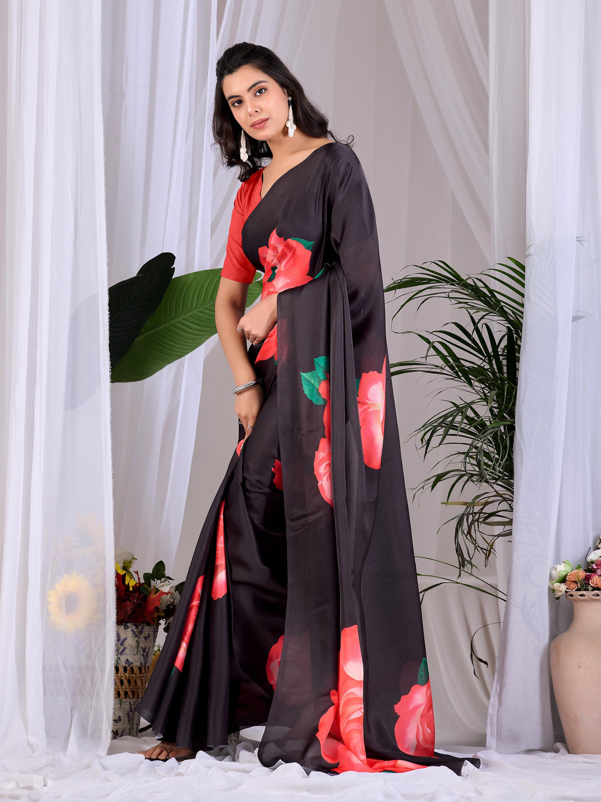 Aastha Fashion Black Soft Satin Georgette Printed Saree | Grocsy