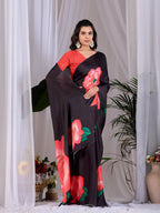 Aastha Fashion Black Soft Satin Georgette Printed Saree | Grocsy