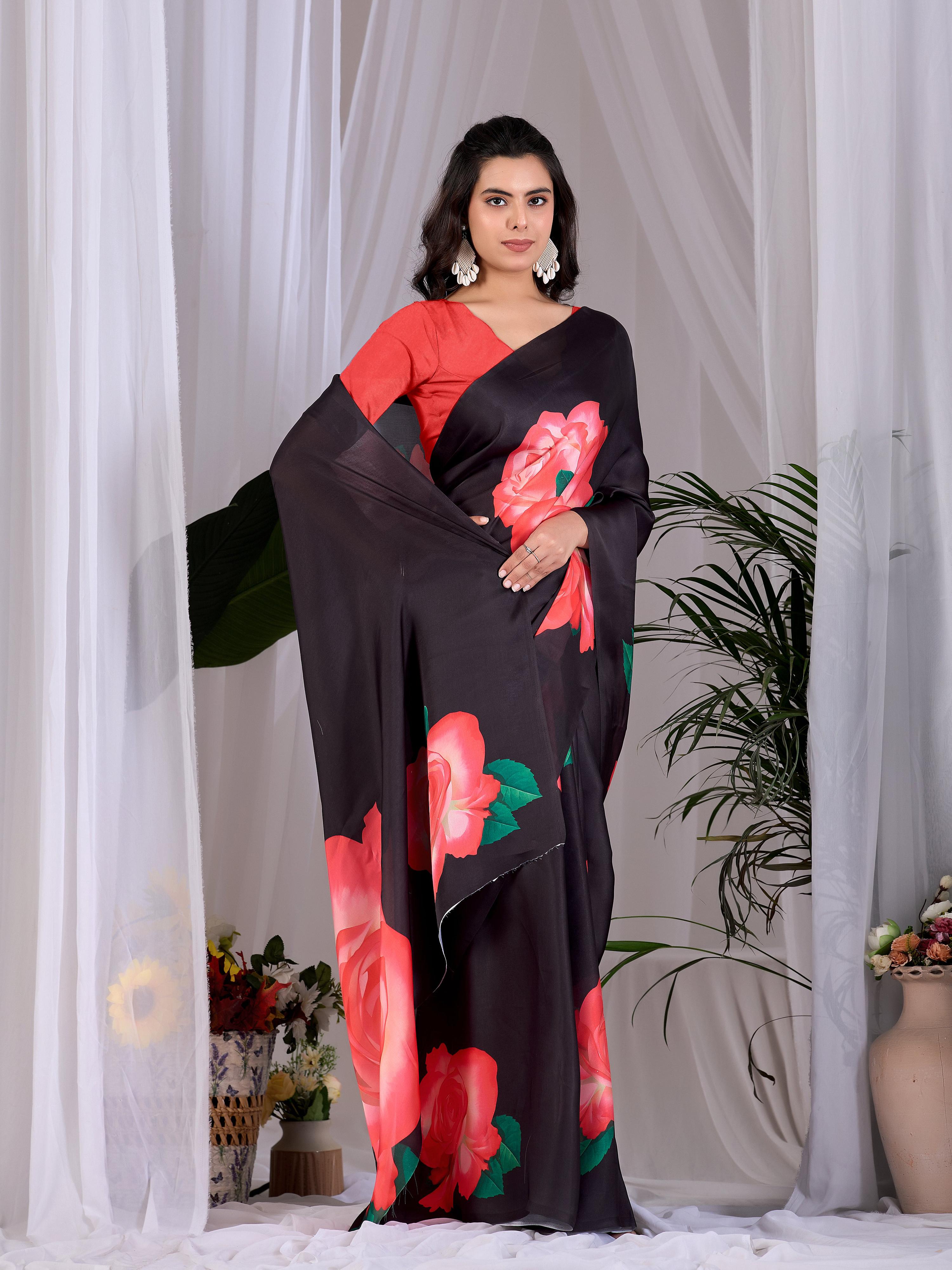 Aastha Fashion Black Soft Satin Georgette Printed Saree | Grocsy
