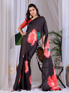 Aastha Fashion Black Soft Satin Georgette Printed Saree | Grocsy