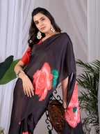 Aastha Fashion Black Soft Satin Georgette Printed Saree | Grocsy