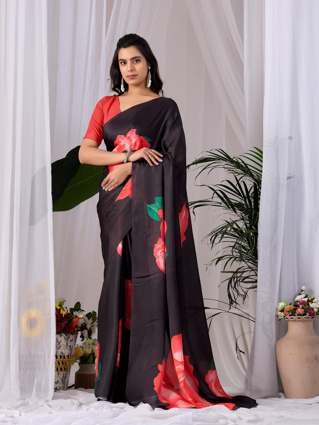 Aastha Fashion Black Soft Satin Georgette Printed Saree | Grocsy