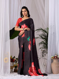 Aastha Fashion Black Soft Satin Georgette Printed Saree | Grocsy