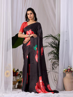 Aastha Fashion Black Soft Satin Georgette Printed Saree | Grocsy