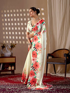 Aastha Fashion Cream Soft Satin Georgette Printed Saree | Grocsy
