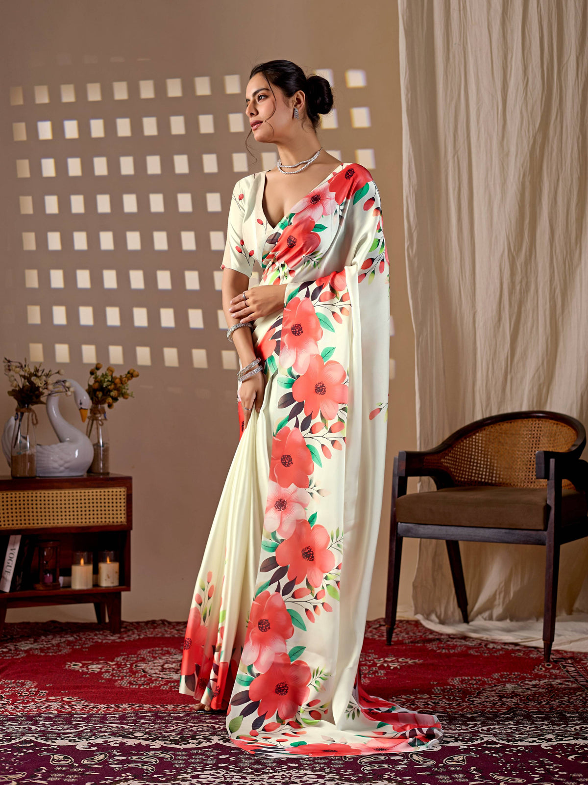 Aastha Fashion Cream Soft Satin Georgette Printed Saree | Grocsy