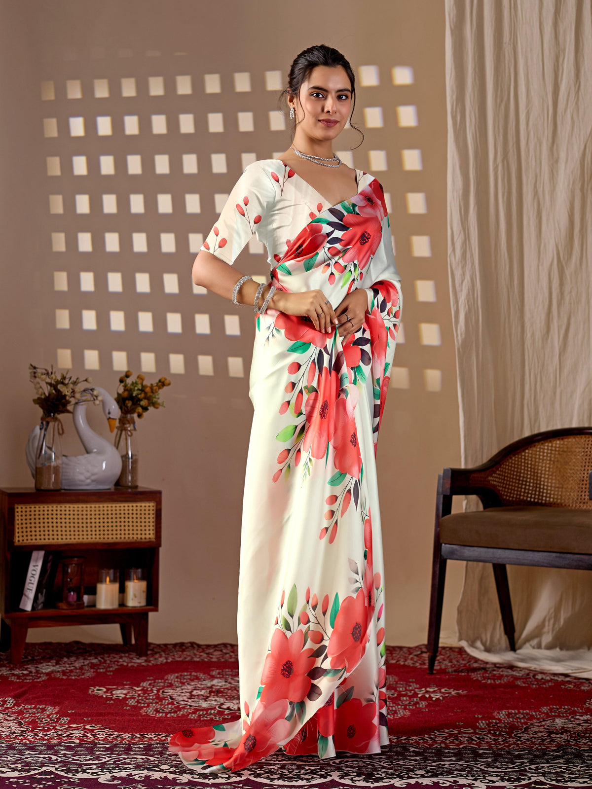 Aastha Fashion Cream Soft Satin Georgette Printed Saree | Grocsy