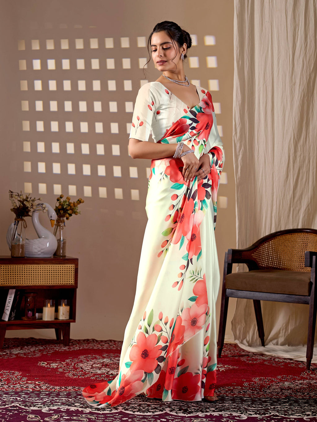 Aastha Fashion Cream Soft Satin Georgette Printed Saree | Grocsy