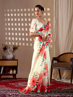 Aastha Fashion Cream Soft Satin Georgette Printed Saree | Grocsy