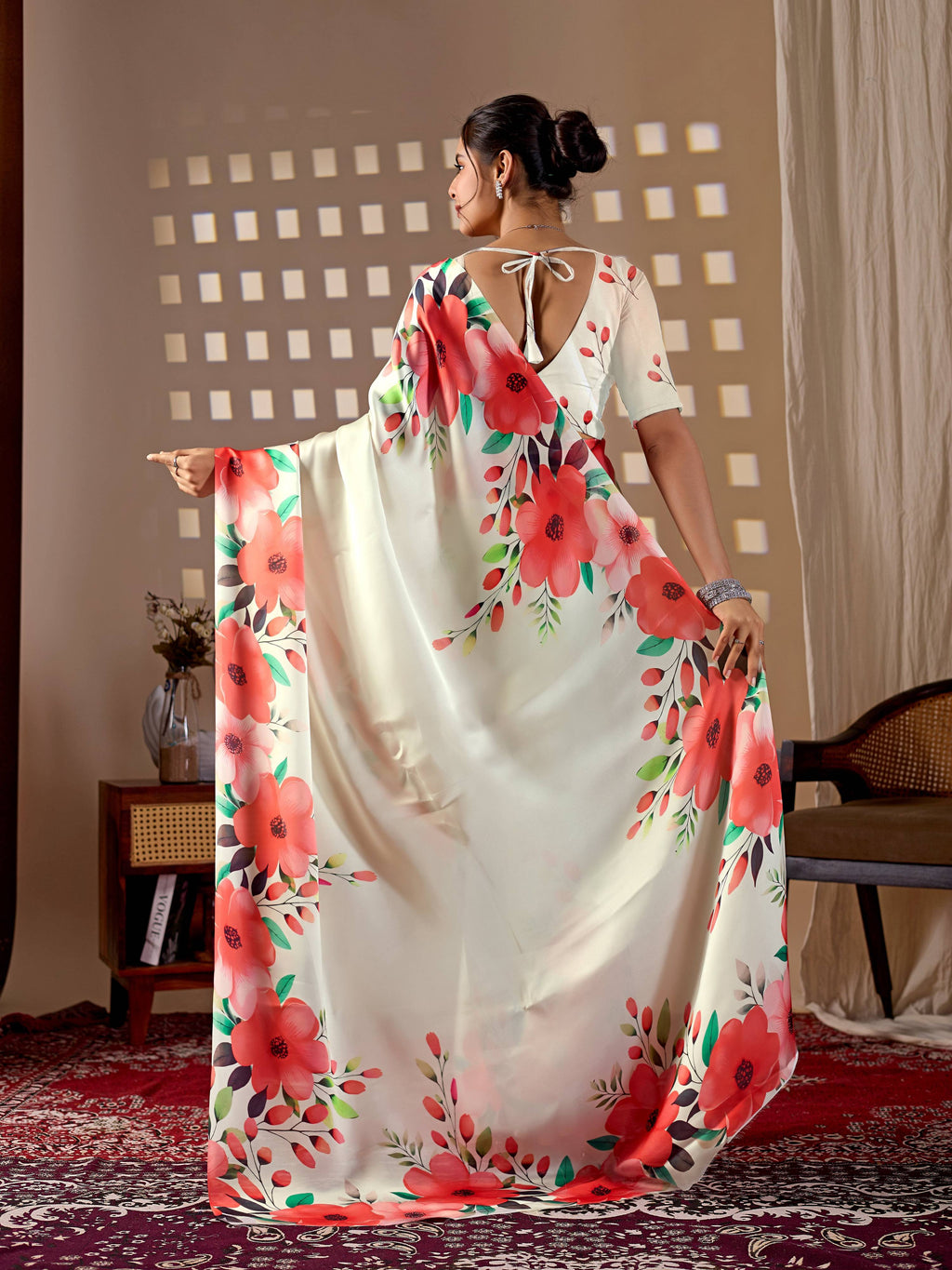 Aastha Fashion Cream Soft Satin Georgette Printed Saree | Grocsy