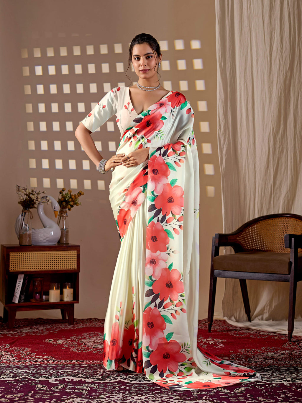 Aastha Fashion Cream Soft Satin Georgette Printed Saree | Grocsy