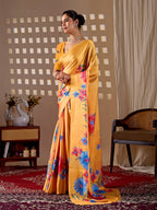 Aastha Fashion Yellow Soft Satin Georgette Printed Saree | Grocsy
