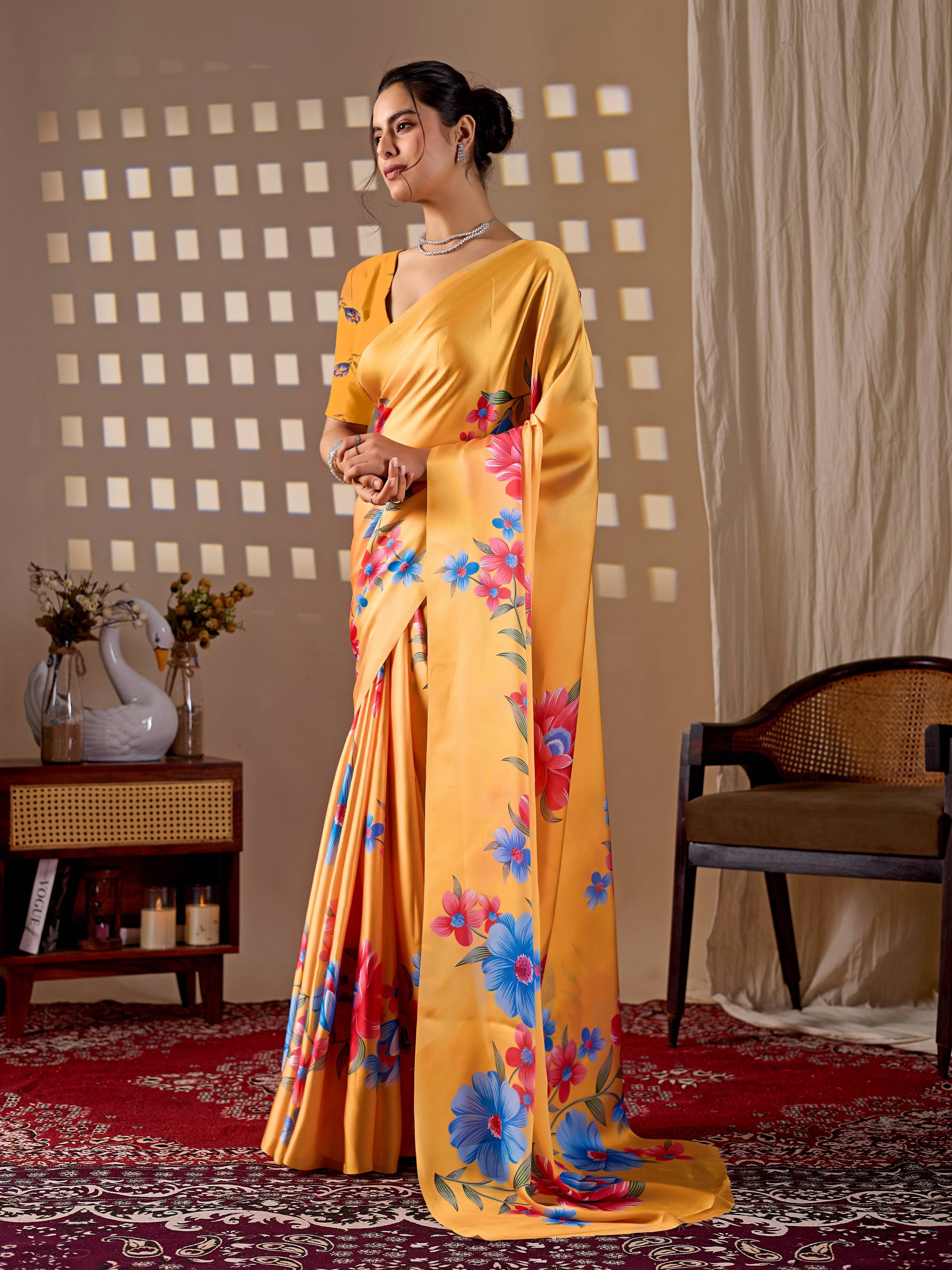 Aastha Fashion Yellow Soft Satin Georgette Printed Saree | Grocsy