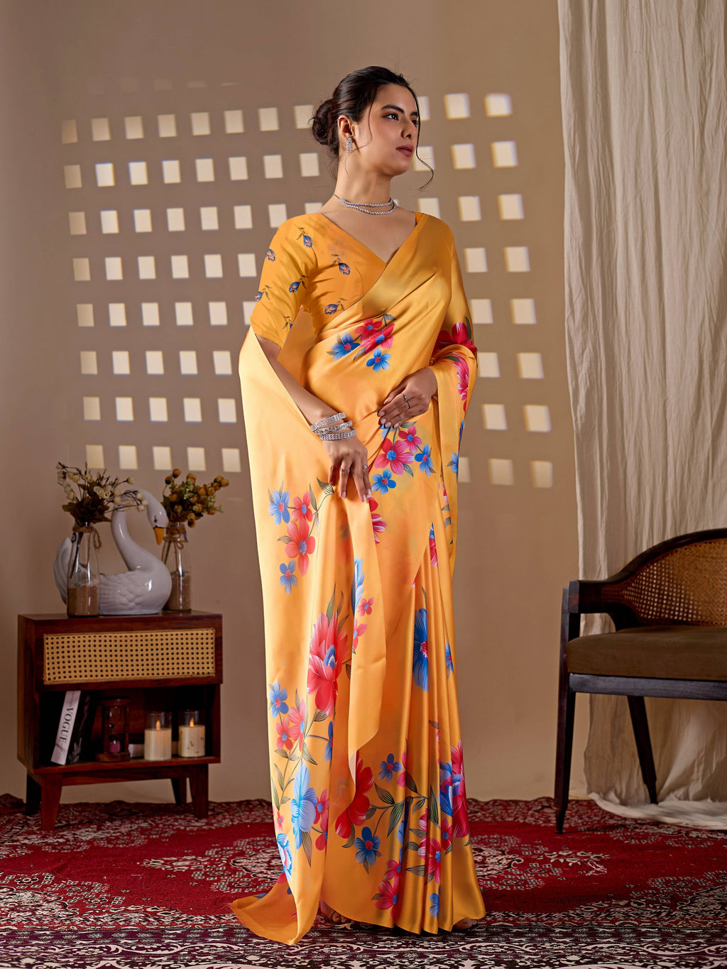 Aastha Fashion Yellow Soft Satin Georgette Printed Saree | Grocsy