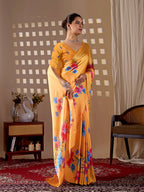 Aastha Fashion Yellow Soft Satin Georgette Printed Saree | Grocsy