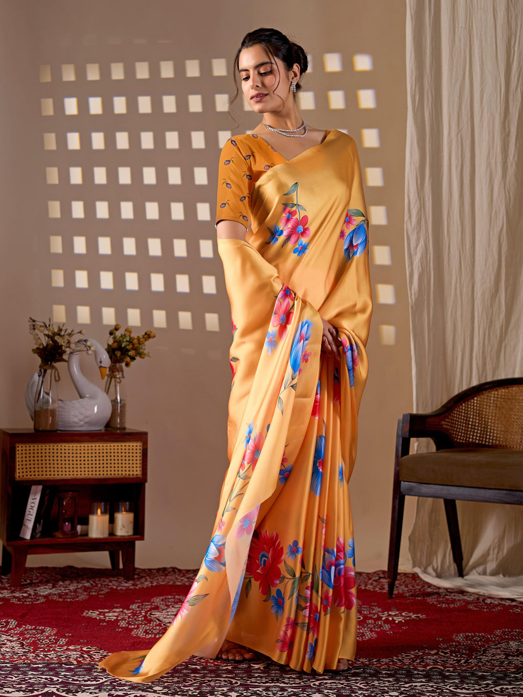 Aastha Fashion Yellow Soft Satin Georgette Printed Saree | Grocsy