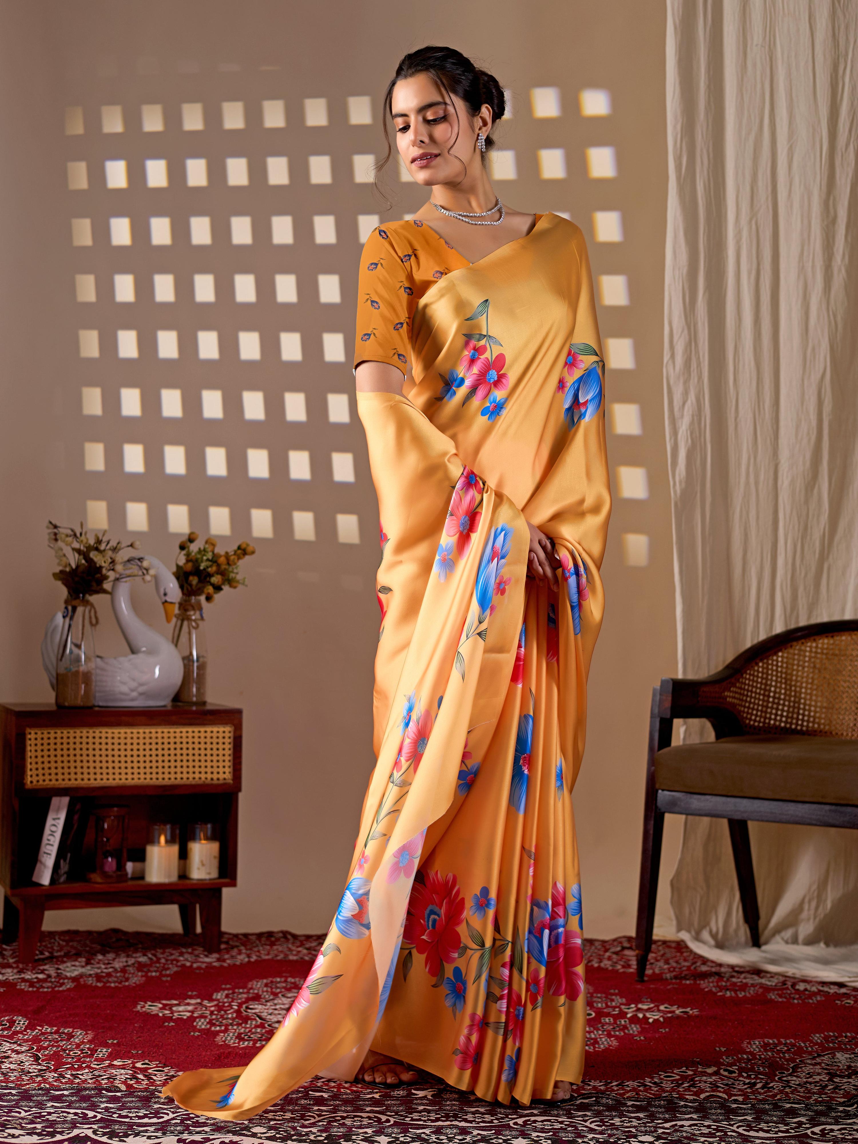 Aastha Fashion Yellow Soft Satin Georgette Printed Saree | Grocsy
