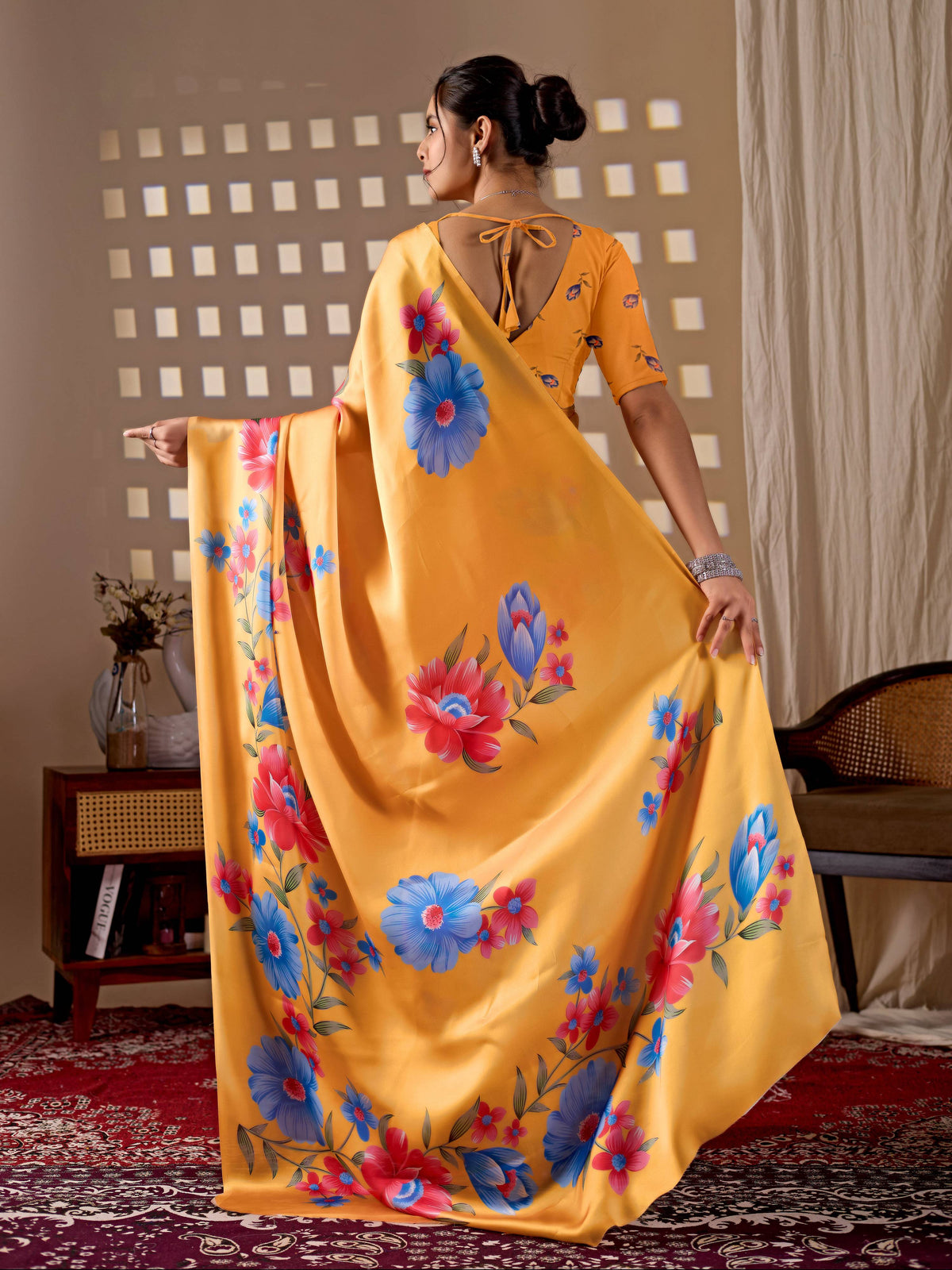 Aastha Fashion Yellow Soft Satin Georgette Printed Saree | Grocsy