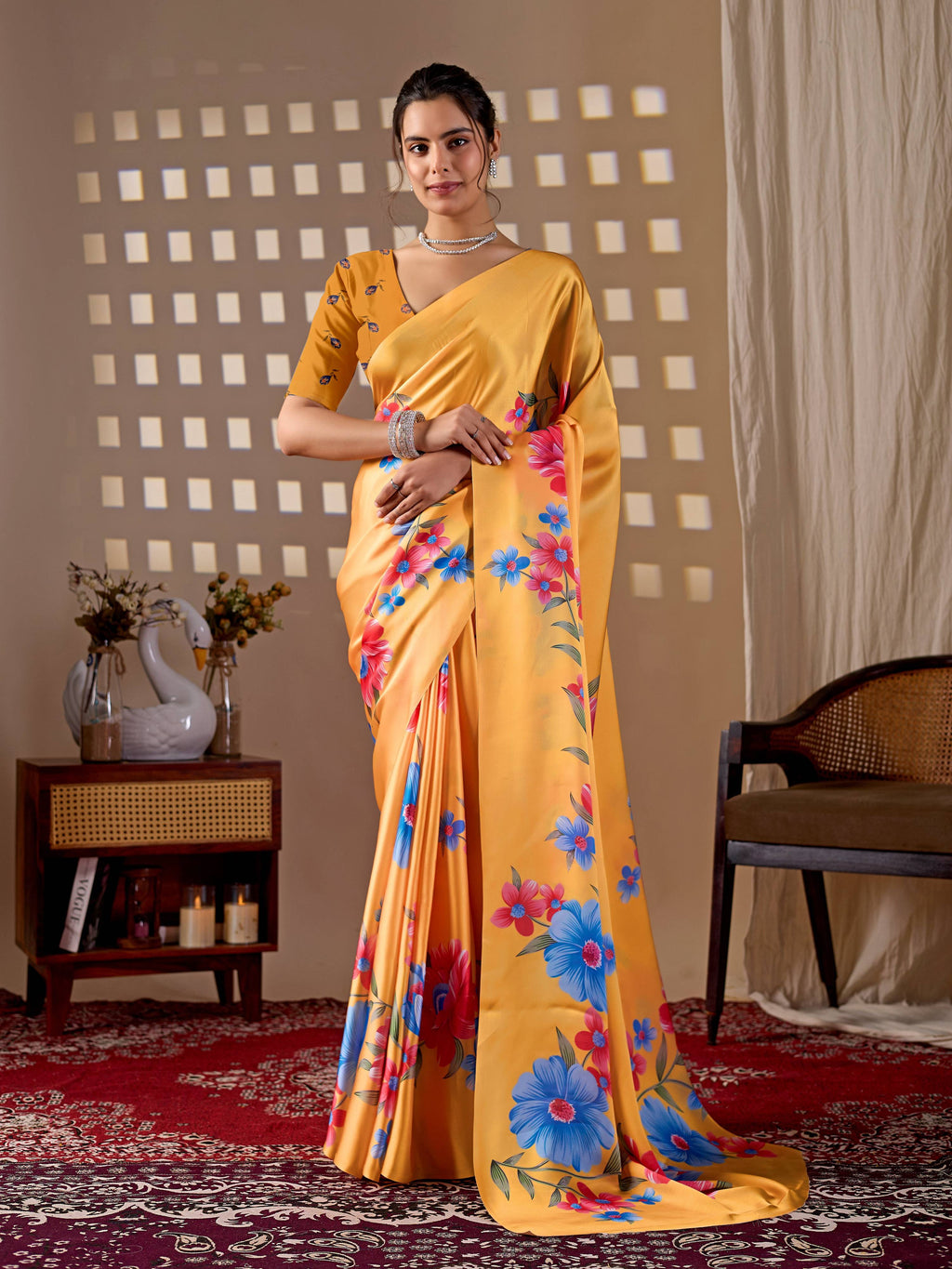 Aastha Fashion Yellow Soft Satin Georgette Printed Saree | Grocsy