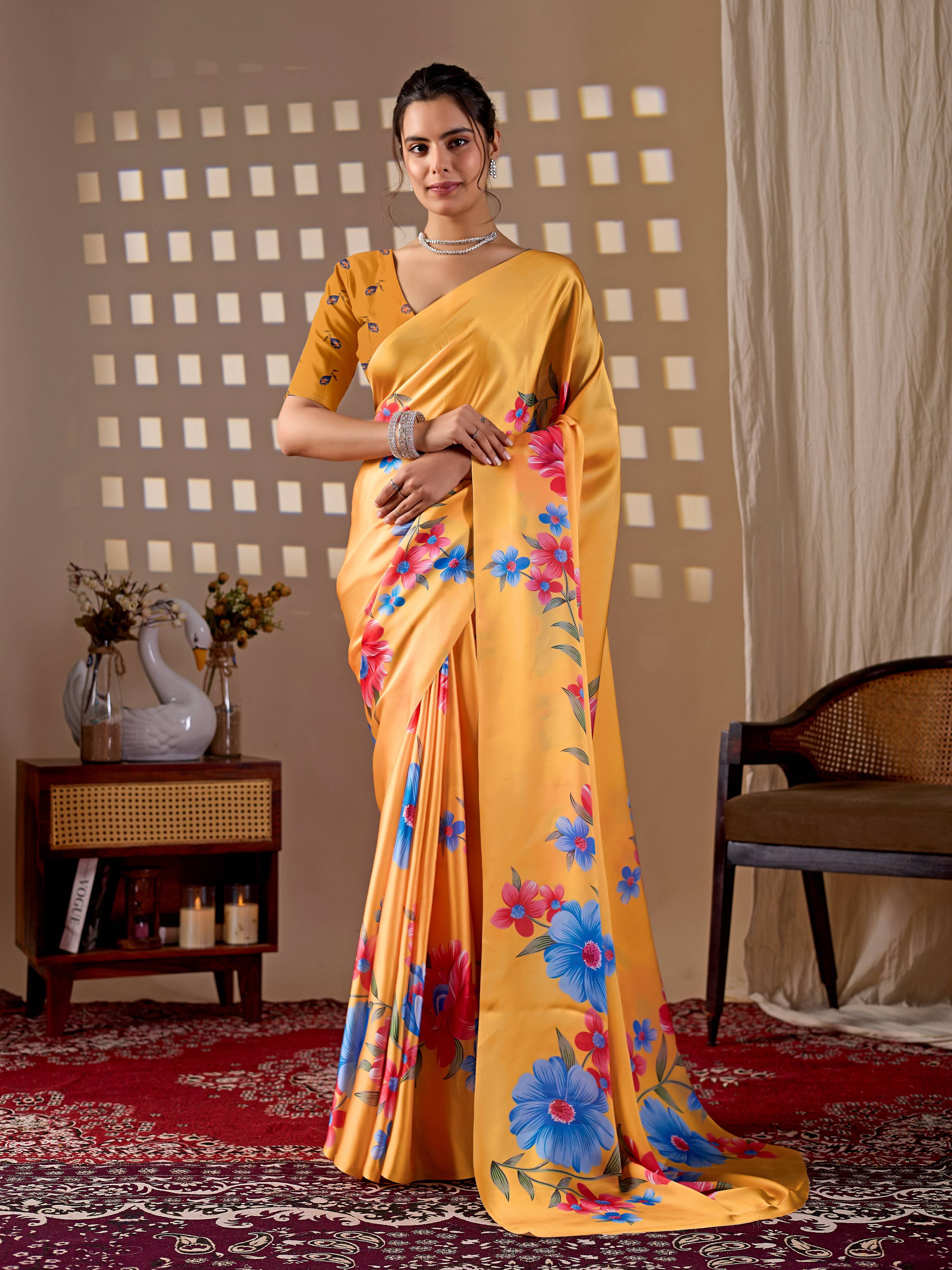 Aastha Fashion Yellow Soft Satin Georgette Printed Saree | Grocsy