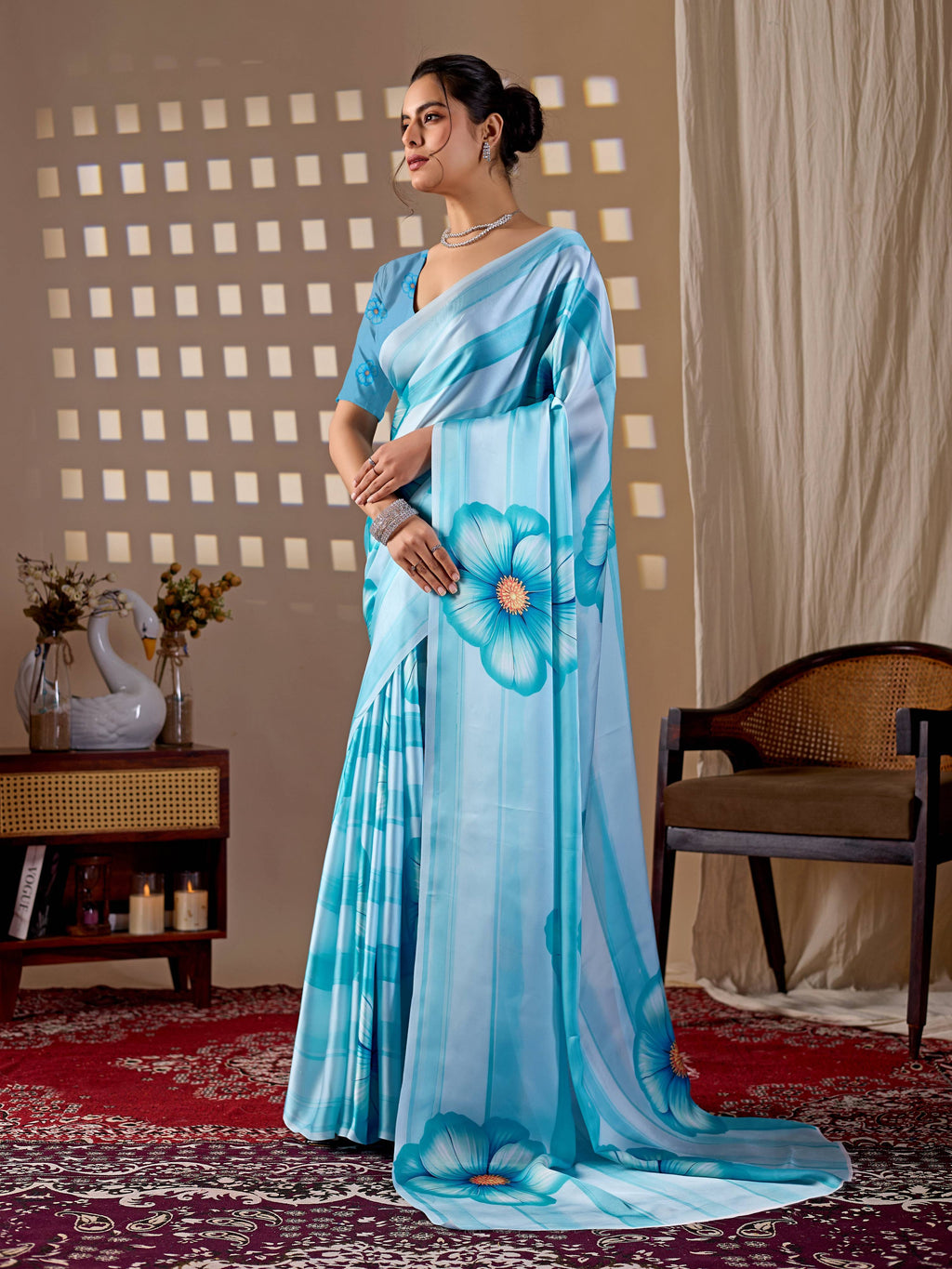 Aastha Fashion Sky Soft Satin Georgette Printed Saree | Grocsy