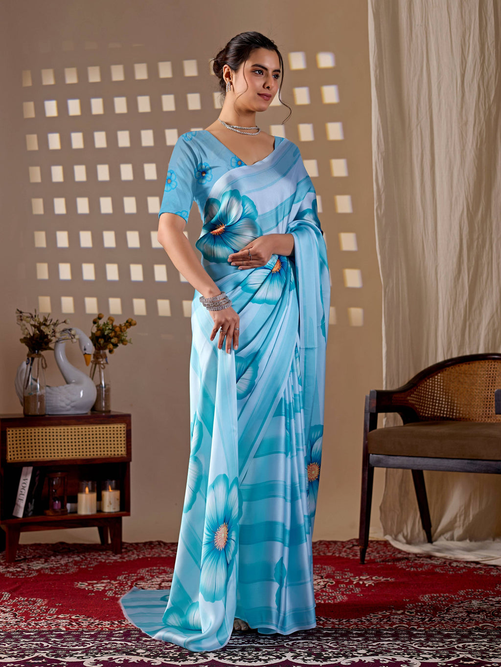 Aastha Fashion Sky Soft Satin Georgette Printed Saree | Grocsy