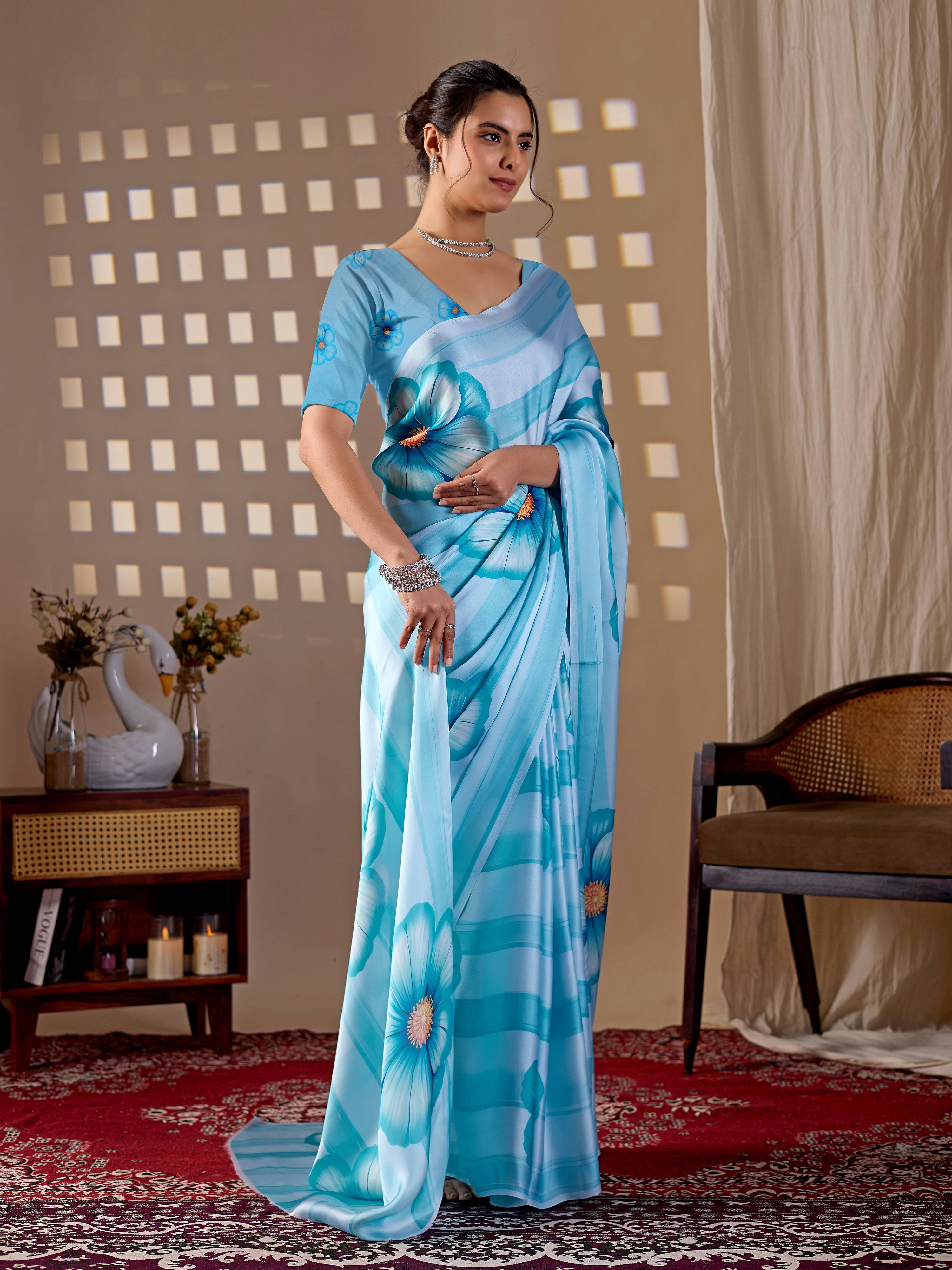 Aastha Fashion Sky Soft Satin Georgette Printed Saree | Grocsy