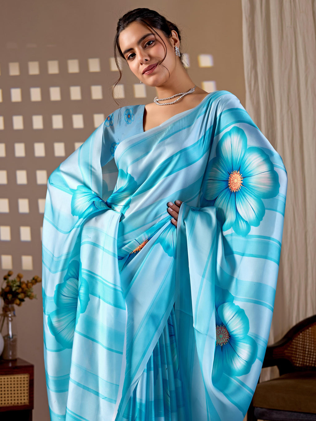 Aastha Fashion Sky Soft Satin Georgette Printed Saree | Grocsy