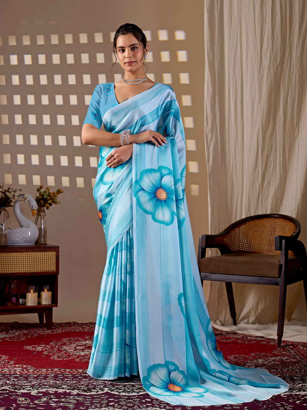 Aastha Fashion Sky Soft Satin Georgette Printed Saree | Grocsy