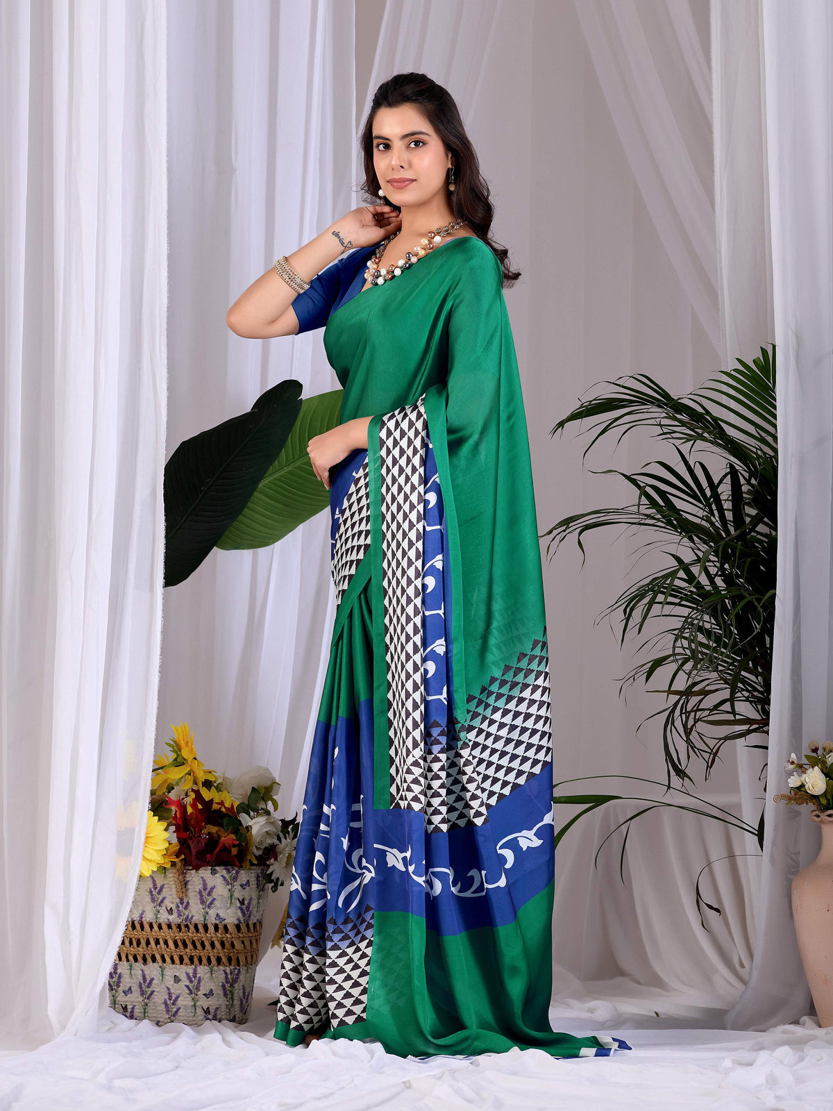 Aastha Fashion Green Soft Satin Georgette Printed Saree | Grocsy