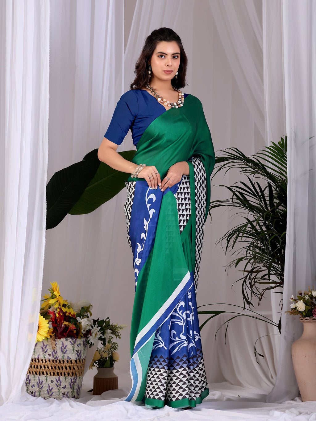 Aastha Fashion Green Soft Satin Georgette Printed Saree | Grocsy