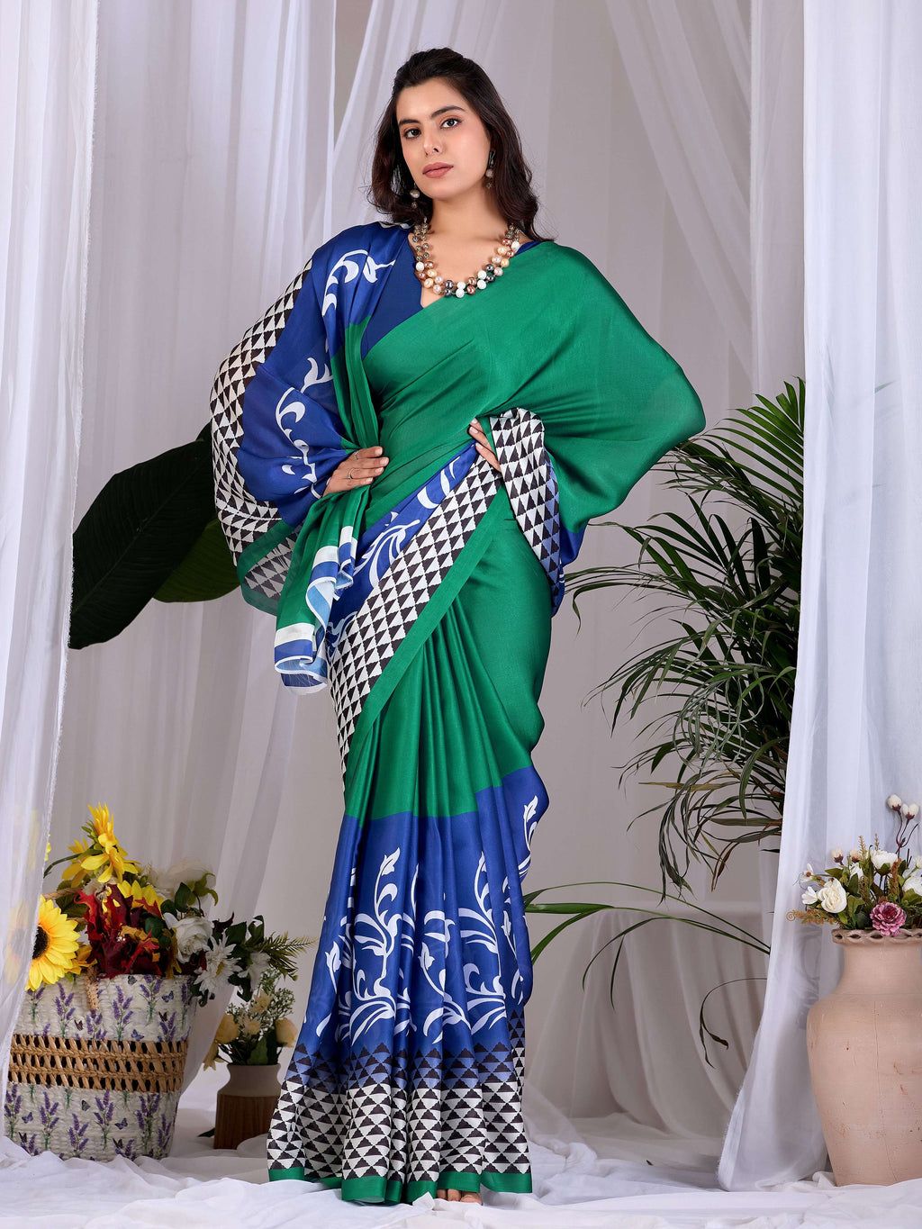 Aastha Fashion Green Soft Satin Georgette Printed Saree | Grocsy