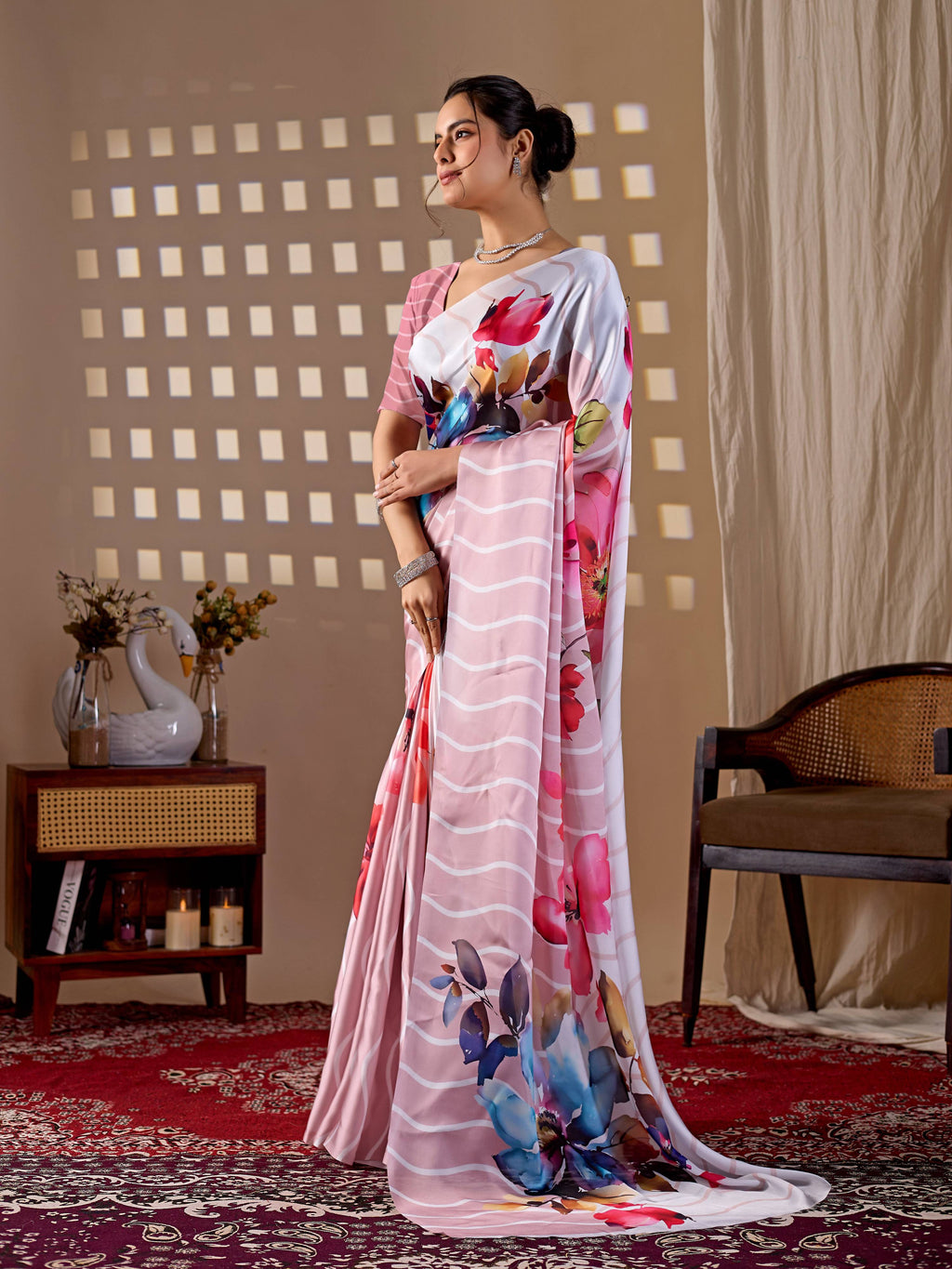 Aastha Fashion Peach Soft Satin Georgette Printed Saree | Grocsy