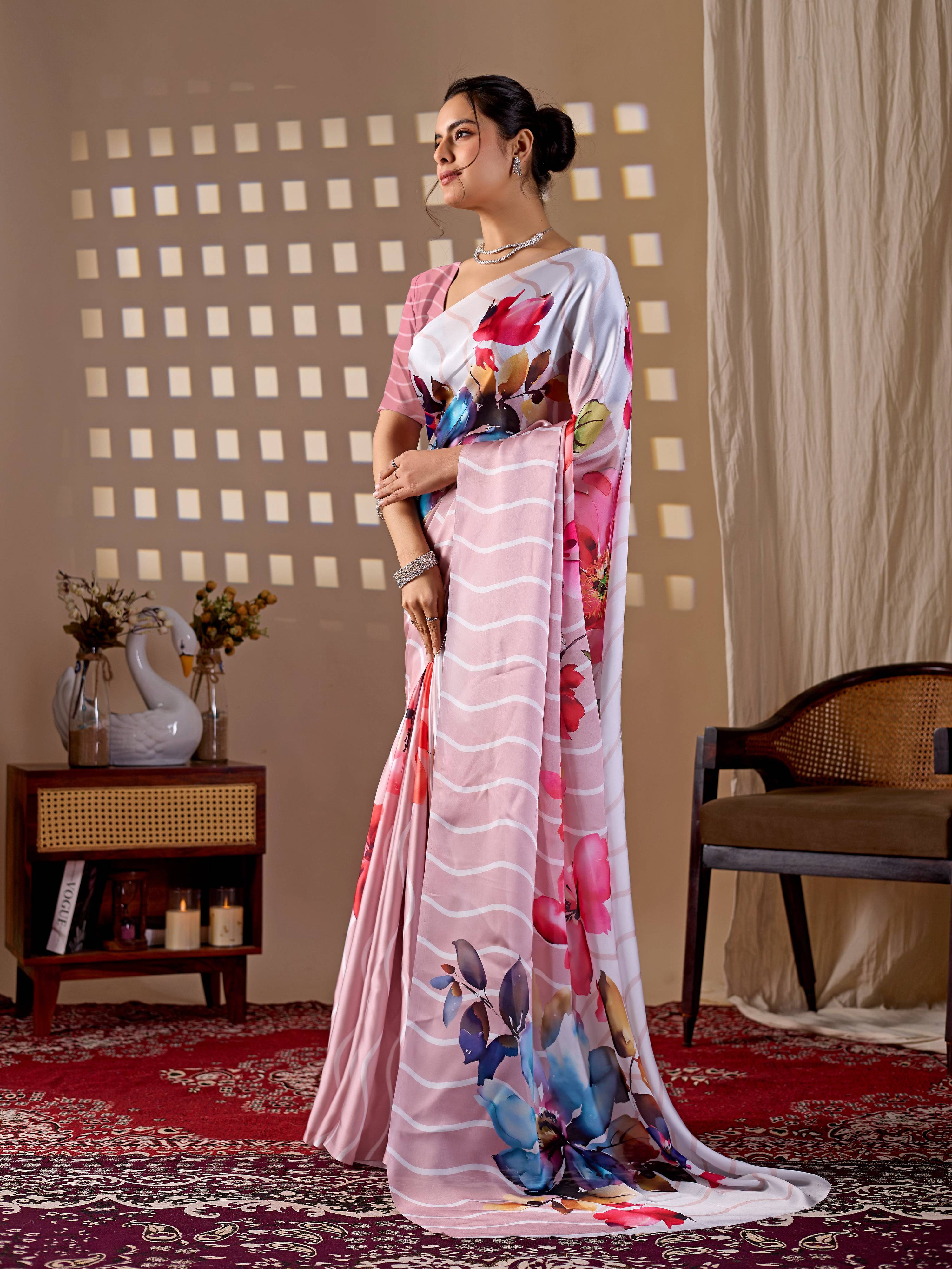 Aastha Fashion Peach Soft Satin Georgette Printed Saree | Grocsy